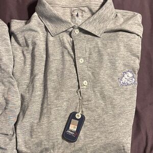 johnnie-O Men's Heather Gray Long Sleeve Polo with Purple Logo